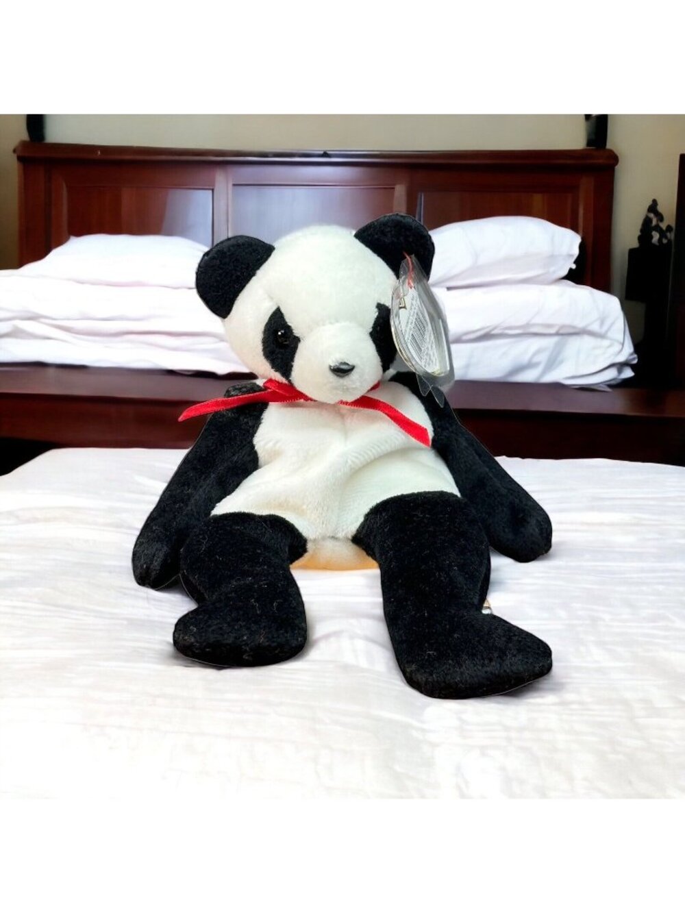 Ty Beanie Baby Fortune Panda Bear Plush With Red Ribbon 1998 MWMT Black & White